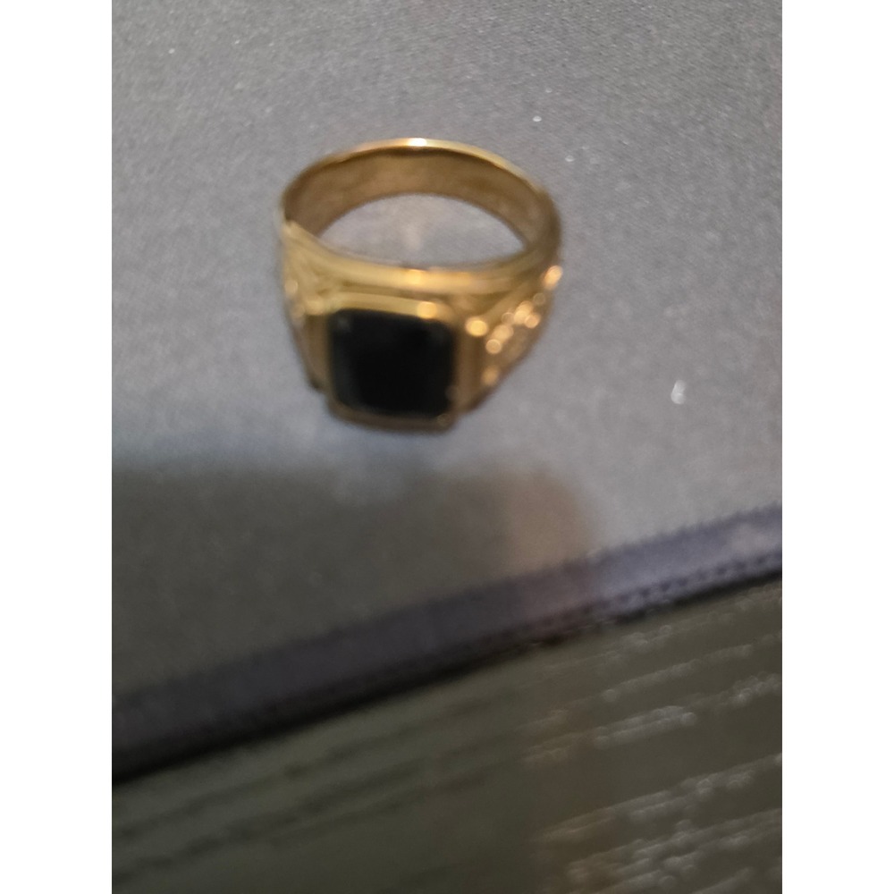 Mens Gold Steel Tone Dragon Signet Ring Black Faux Onyx Stone Size 13